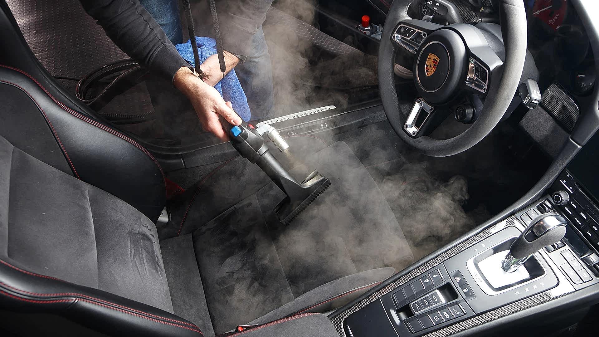 Steam car interior sanitization of a Porsche seat